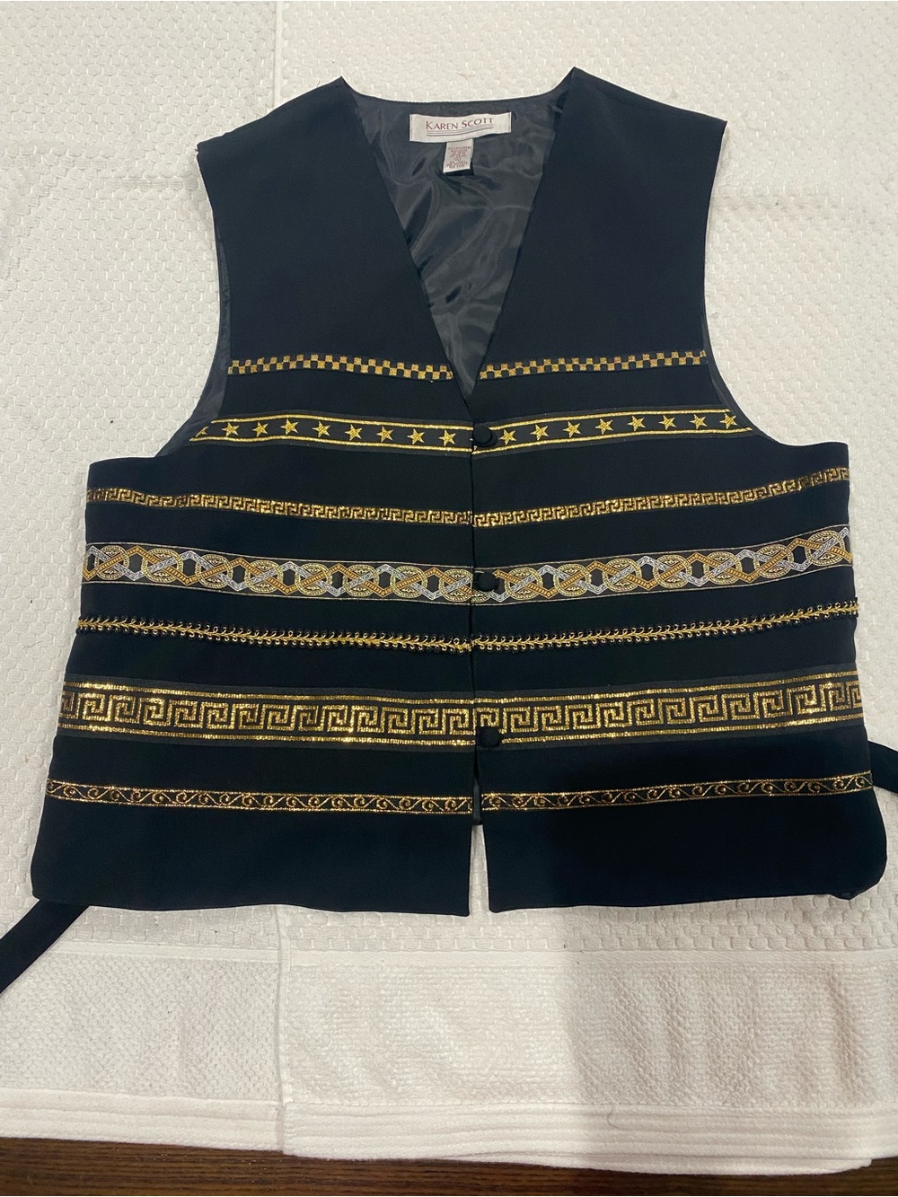 Karen Scott Black Vest with Gold Trim and Embroidered Bands